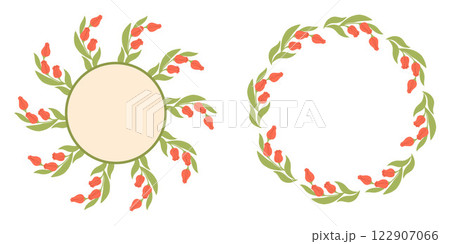 Round Frame with Bouquet Red Tulips. Festive Circle Border Card with Spring Flowers. Vector illustration. Isolated decor on white background Round Frame with Bouquet Red Tulips. Festive Circle Border Card with Spring Flowers. Vector illustration. Isolated decor on white background 122907066