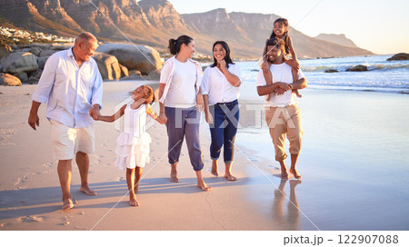 Generation big family walking beach in summer vacation, travel and freedom in South Africa. Happy, smile and carefree grandparents, parents and kids relax, bond and enjoy funny sunny holiday together Generation big family walking beach in summer vacation, travel and freedom in South Africa. Happy, smile and carefree grandparents, parents and kids relax, bond and enjoy funny sunny holiday together 122907088