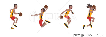 Man Basketball Player Wear Uniform in Different Pose with Ball Vector Set 122907132