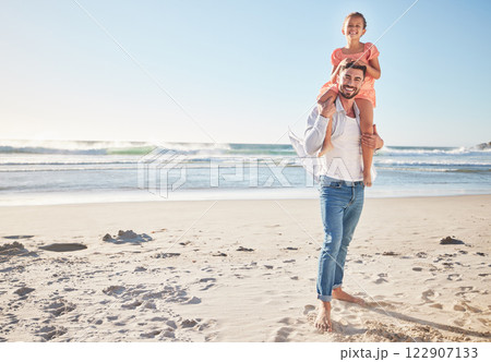 Happy, love and beach with father and girl on Cancun holiday for travel, summer and wellness. Family, smile and freedom with girl on dad shoulder walking on vacation for trust, support and relax 122907133