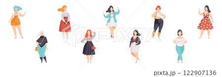 Beautiful Plus Size Woman Character in Fashionable Clothes Vector Set 122907136