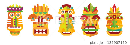 Tribal Hawaiian Wooden Carved Mask as Ritual Symbol Vector Set 122907150