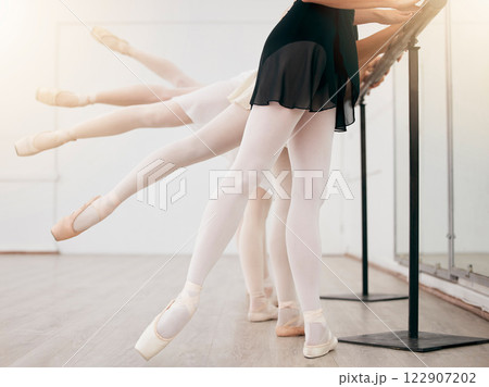 Dance, fitness ballet girl students legs stretching with training, exercise or workout in studio or theater school. Ballerina, health sport and dancing with teamwork in theatre show, academy or class Dance, fitness ballet girl students legs stretching with training, exercise or workout in studio or theater school. Ballerina, health sport and dancing with teamwork in theatre show, academy or class 122907202