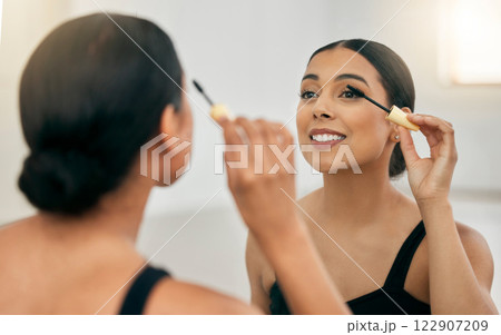 Woman, makeup and mascara in a mirror for beauty on her eye with a smile in a room. Young beautiful latino female with cosmetics and skincare daily routine on her face with a brush for fashion Woman, makeup and mascara in a mirror for beauty on her eye with a smile in a room. Young beautiful latino female with cosmetics and skincare daily routine on her face with a brush for fashion 122907209