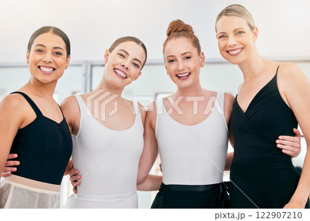 Ballet women, team support and fitness motivation portrait happy with dance growth and development at a teaching academy with mentor or coach. Group of professional dancers for trust, care and love 122907210