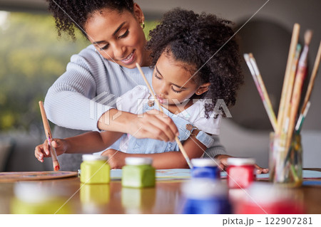 Art education, mother and child painting for an art preschool project with a young mom helping her daughter at home. Kindergarten, love and creative painter with brush teaching and drawing with girl Art education, mother and child painting for an art preschool project with a young mom helping her daughter at home. Kindergarten, love and creative painter with brush teaching and drawing with girl 122907281