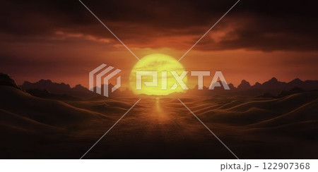 Stunning Desert Road Leading to Vibrant Sunset Horizon Scene Stunning Desert Road Leading to Vibrant Sunset Horizon Scene 122907368