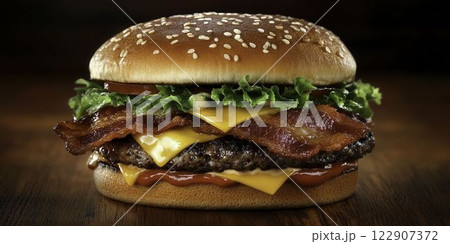 Gourmet Burger with Melted Cheese and Crispy Bacon on Sesame Bun 122907372