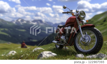 Classic Motorcycle Parked on Scenic Mountain Road in Beautiful Landscape Classic Motorcycle Parked on Scenic Mountain Road in Beautiful Landscape 122907393