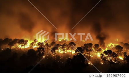 Vast Forest Engulfed in Flames with Thick Smoke Plumes Rising 122907402