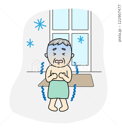 寒い脱衣所で震えている入浴前のシニア男性 122907477