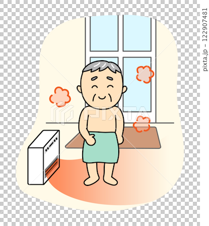 入浴前に暖かい脱衣所にいる笑顔のシニア男性 入浴前に暖かい脱衣所にいる笑顔のシニア男性 122907481