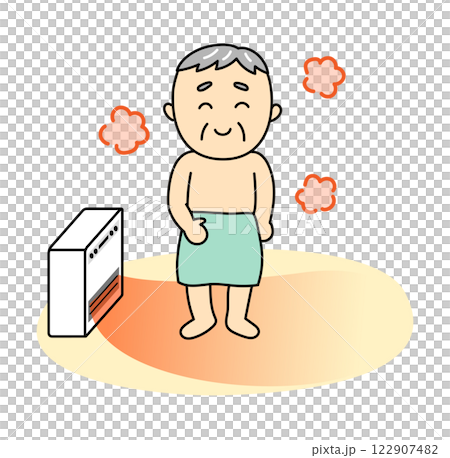 Smiling senior man before taking a bath to warm himself up with the heater 122907482