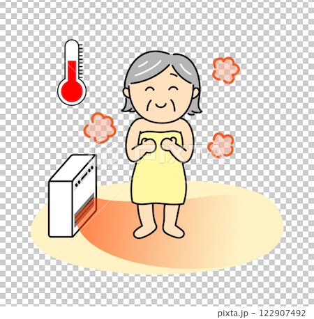 Smiling senior woman in a warm changing room with a thermometer Smiling senior woman in a warm changing room with a thermometer 122907492