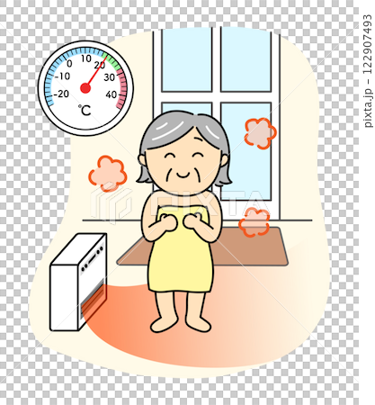 Smiling senior woman in a warm changing room with a thermometer before taking a bath Smiling senior woman in a warm changing room with a thermometer before taking a bath 122907493
