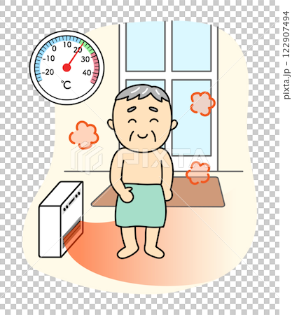 Smiling senior man in a warm changing room with a thermometer before taking a bath 122907494