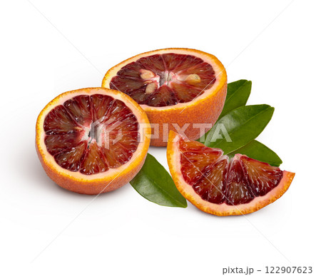 Slices of sicilian red blood orange isolated with full depth of field 122907623