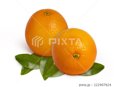 Two oranges isolated. Fresh orange with leaf 122907624