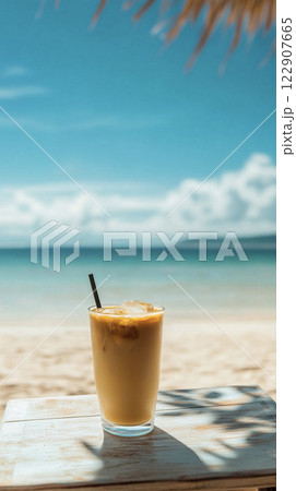 南国の美しいビーチとアイスコーヒー　AI画像 122907665