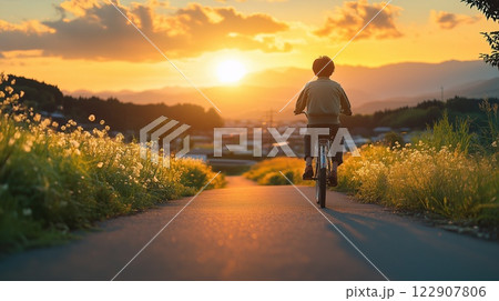 夕日に向かって自転車に乗る男性 122907806