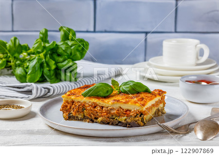 Moussaka, greek beef and eggplant dish, top view 122907869