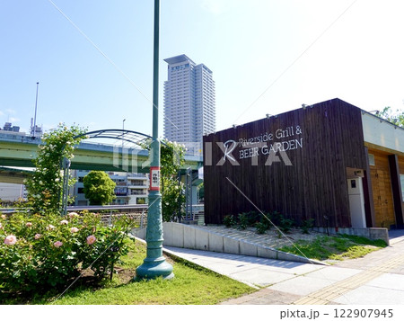 中之島公園のバラ園のカフェの建物のそばでバラが咲いている風景　大阪市北区 122907945