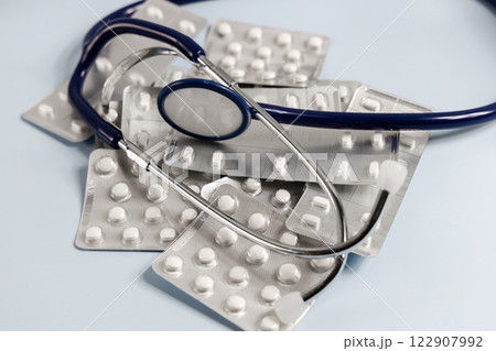 A bunch of pills in blister. Prescription medication 122907992