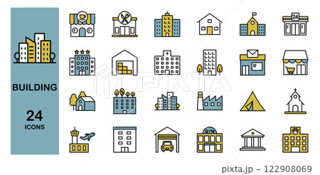 いろんな建物のアイコンセット　ビル　家　マンション　オフィス　工場　ショッピングモールなど　カラー 122908069