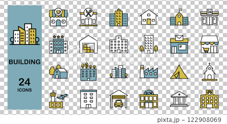 いろんな建物のアイコンセット　ビル　家　マンション　オフィス　工場　ショッピングモールなど　カラー 122908069