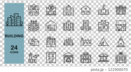 いろんな建物のアイコンセット　ビル　家　マンション　オフィス　工場　ショッピングモールなど　 122908070