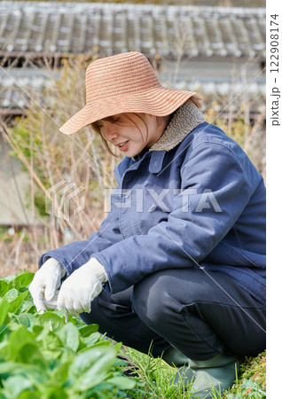 畑作業をする女性 田舎暮らし 家庭菜園 畑作業をする女性 田舎暮らし 家庭菜園 122908174