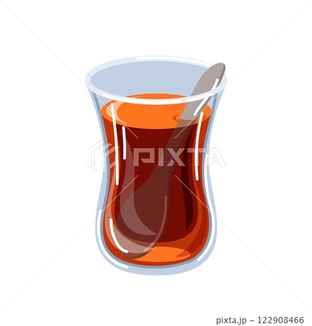 Traditional Turkish tea served in tulip shaped glass with spoon cartoon style. Perfect for beverage design, Turkish culture theme, cafe, restaurant menu or tea project. Isolated on white background. 122908466