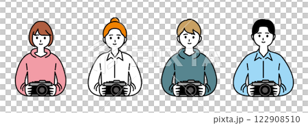 写真を撮るためにカメラを持っている男女のイラストセット 写真を撮るためにカメラを持っている男女のイラストセット 122908510