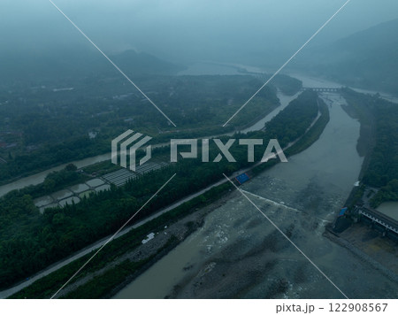 Aerial view of landscape in dujiangyan,Sichuan province,China Aerial view of landscape in dujiangyan,Sichuan province,China 122908567