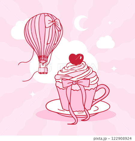 Romantic Valentine's day composition. Sweet bakery cupcake with pastel pink clouds, hot air balloon and moon on a groovy rays background. Contour vector illustration. 122908924
