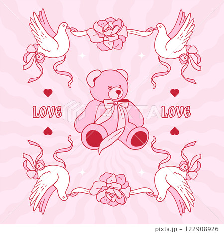 Mystical Retro Pink Square Card with Teddy and doves. Trendy esoteric style. Valentines day. Retro sacred vibe. Girly Tarot card aesthetics. Magic Design elements. Contour vector composition 122908926