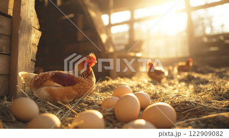 鶏小屋のニワトリと卵 鶏小屋のニワトリと卵 122909082