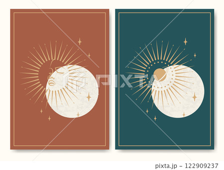 Mystical drawing of moon and outer space posters. Tarot minimalist printable wall art collection. 122909237