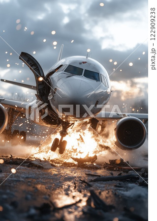 Exploding aircraft with dramatic fire and smoke against a moody sky at dusk creates an intense and captivating moment. Generative AI 122909238