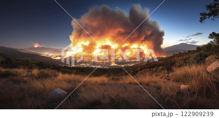 Majestic yet terrifying wildfire engulfs the valley at dusk, illuminating the sky with fierce flames and smoke in stunning colors. Generative AI 122909239