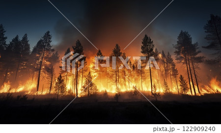 Intense wildfire consuming forest at twilight with dramatic flames illuminating the darkening sky. Generative AI 122909240