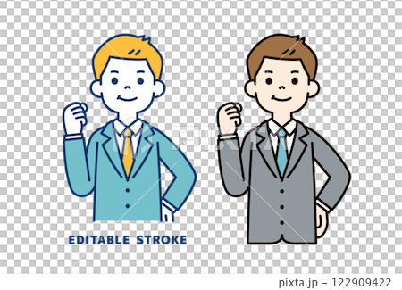 Vector illustration of a young businessman doing a fist pump_Line width can be edited 122909422