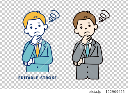 Vector illustration of a young businessman with his hand on his chin, worried - line width can be edited 122909423