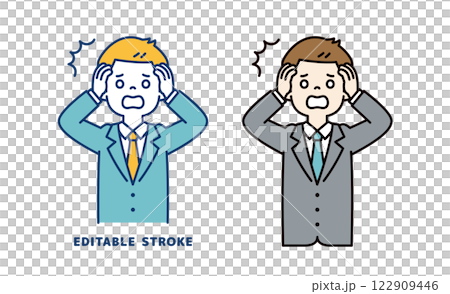 Vector illustration of a young businessman holding his head and being shocked_Line width can be edited 122909446