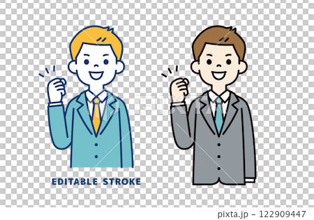 Vector illustration of a young businessman smiling and posing with his fist in the air_Line width can be edited 122909447