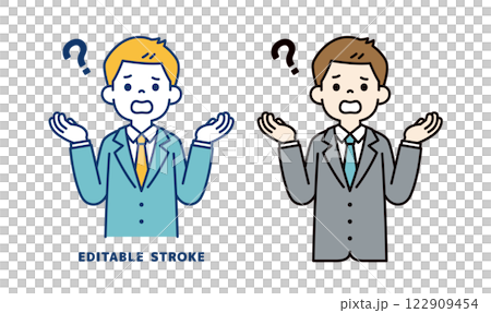 なぜ?と肩をすくめる、若いビジネスマンのベクターイラスト素材_線幅の編集可能 なぜ?と肩をすくめる、若いビジネスマンのベクターイラスト素材_線幅の編集可能 122909454