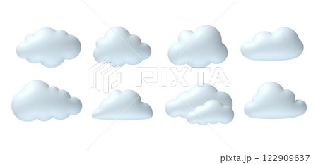 3d clouds. Realistic white cloud in soft inflation plastic shape with blue reflection. Plasticine 3d weather cloudy icons in cartoon render style. Vector rounded cumulus icons 3d clouds. Realistic white cloud in soft inflation plastic shape with blue reflection. Plasticine 3d weather cloudy icons in cartoon render style. Vector rounded cumulus icons 122909637