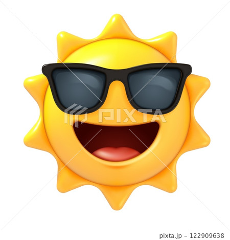 3d sun emoji. Summer sun with sunglasses, happy smiling emoticon in render style, cute cartoon character. Social media mascot vector icon isolated on white background 3d sun emoji. Summer sun with sunglasses, happy smiling emoticon in render style, cute cartoon character. Social media mascot vector icon isolated on white background 122909638