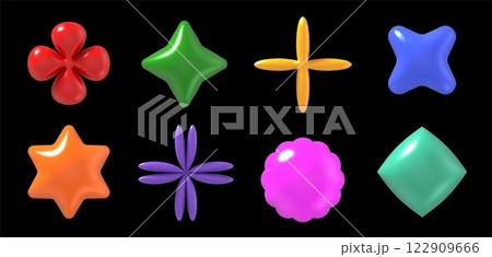 Y2k 3d shapes. Plastic glossy geometric primitive objects. Inflatable color stars and brutalist futuristic figures. Modern minimalist pop art trendy toy vector set 122909666
