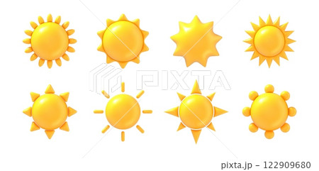 3d sun icons. Sunlight yellow symbol, solar orb with sunrays, sunny day and warmth sign. Sunshine glossy element, cute bright sun star Isolated realistic vector icon set 122909680